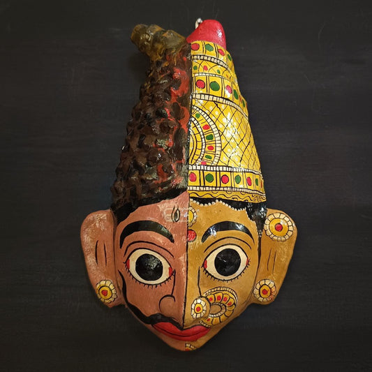 crowned arthanareswara cheriyal mask represents shiva and parvati devi with traditional and vintage look