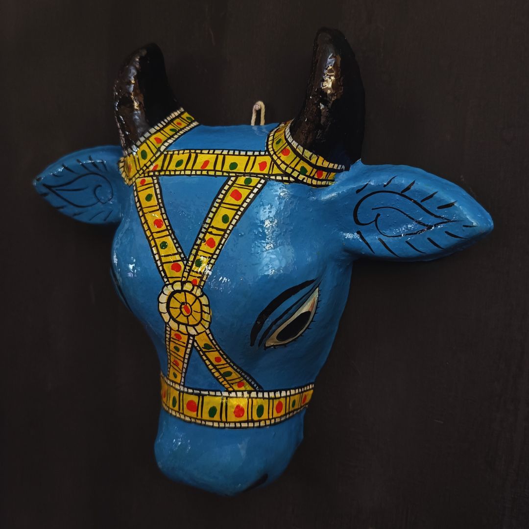 blue color big cow head cheriyal mask for wall hanging