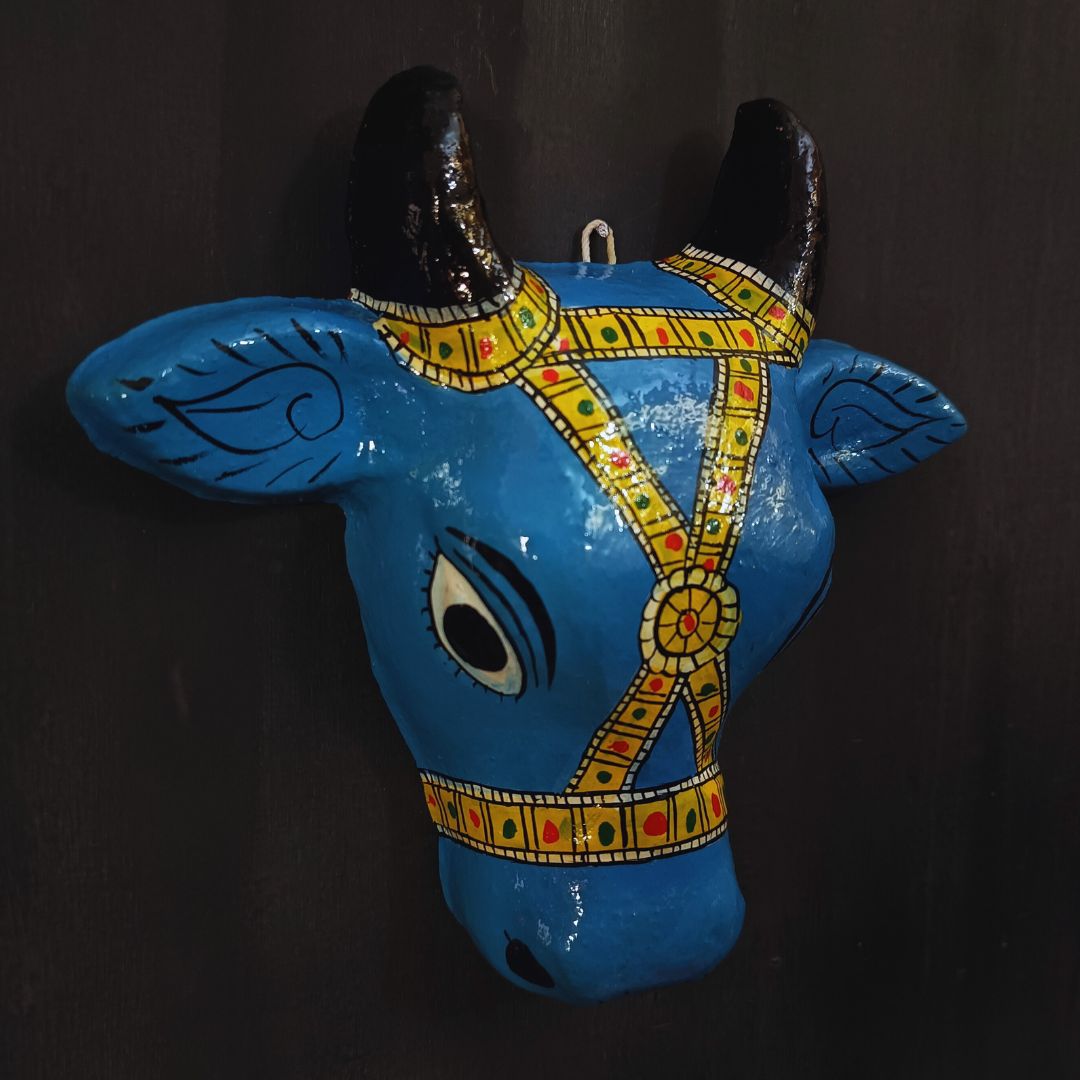 blue color big cow head cheriyal mask for wall hanging