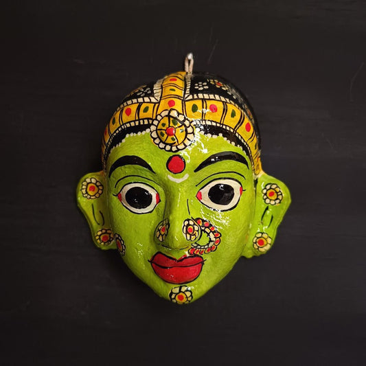 classic female cheriyal mask with light green color face wearing ornaments