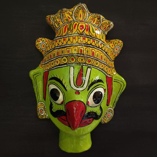 crowned garuda cheriyal mask in green color face and neck with traditional and vintage look