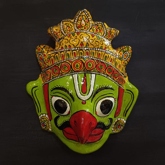 crowned garuda cheriyal mask in green color face with traditional and vintage look