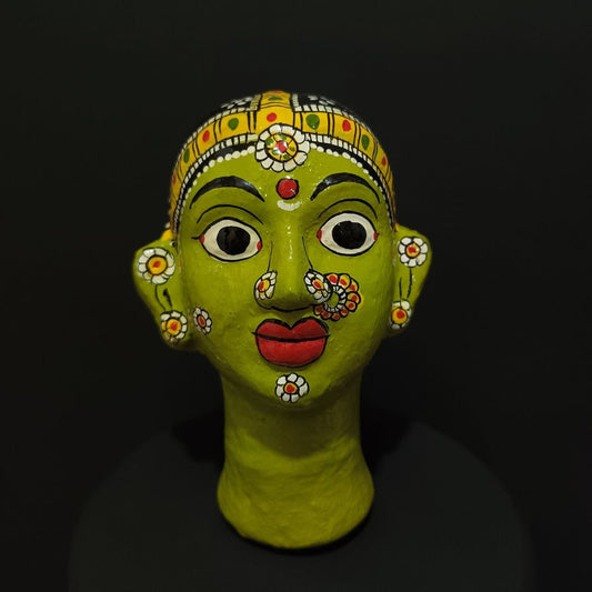 green color female cheriyal stand mask for table decor