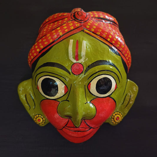 classic hanuman cheriyal mask with green color face wearing red turban