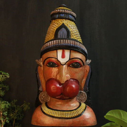 lord hanuman wooden bust artifact handmade and hand painted in orange distressed finishing