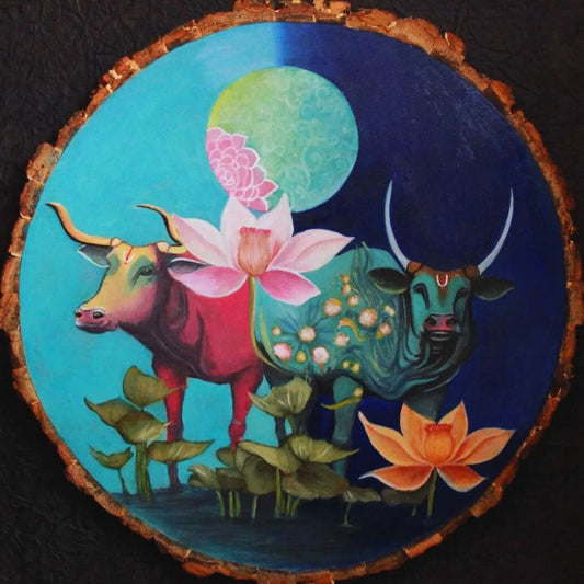 two cows in a lotus pond painted on wooden wall plate in pichwai theme