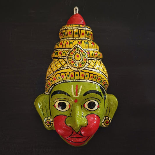 crowned hanuman cheriyal mask in green color face with traditional and vintage look