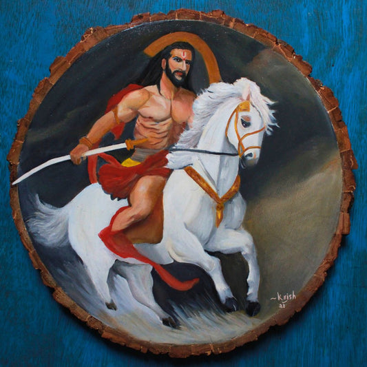 lord kalki riding on a white horse with his sword