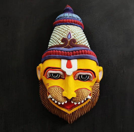 hand crafted wooden artifact of lord narasimha is painted in yellow color