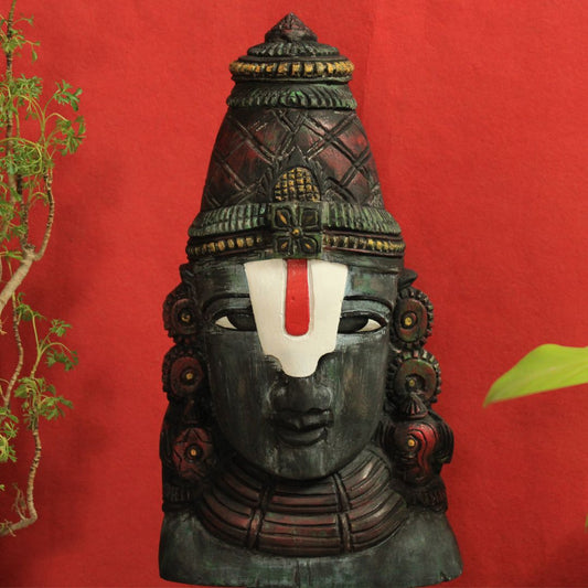 lord venkateswara wooden artifact made in a distressed finishing with black color