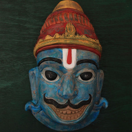 narasimha swamy handmade and hand painted wooden artifact smiling