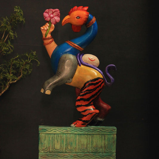 navagunjara hand crafted in wood holding lotus in hand displaying 9 animals in one artifact