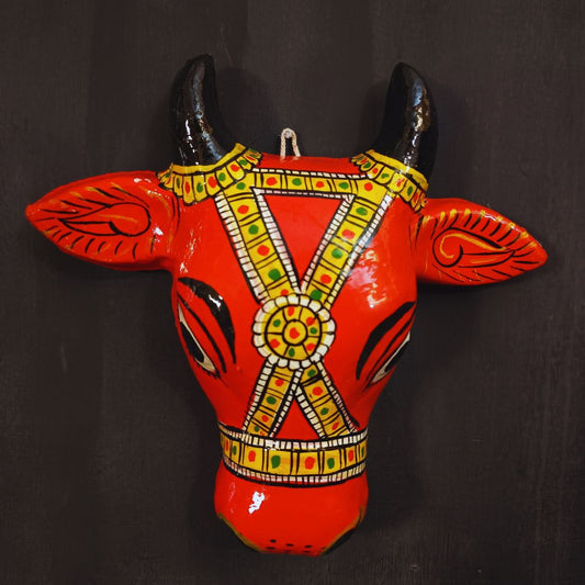orange color big cow head cheriyal mask for wall hanging