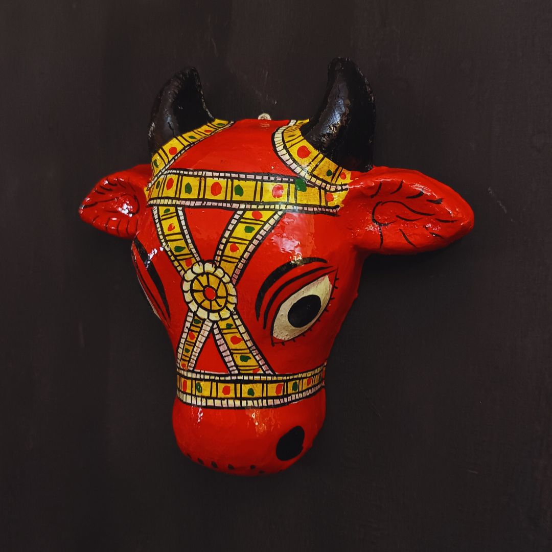 orange color small cheriyal cow head for wall hanging