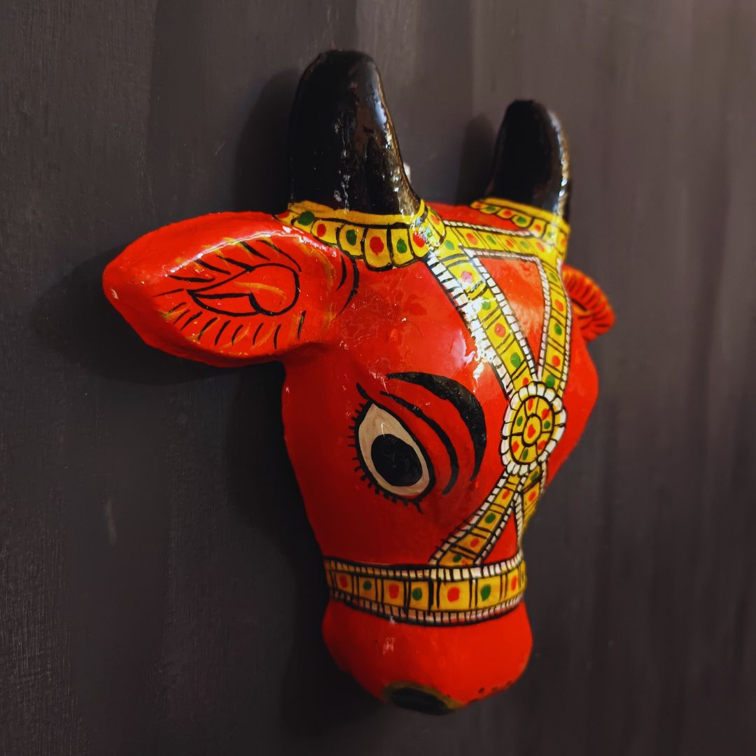 orange color big cow head cheriyal mask for wall hanging