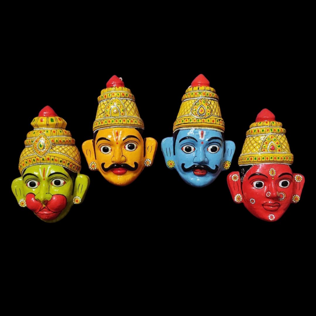 cheriyal masks collection showing the ramayan theme characters of ram, sita, laxman and hanuman