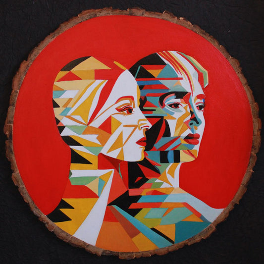 oil painting on wooden wall plate showing man and woman in geometric and abstract form with red background
