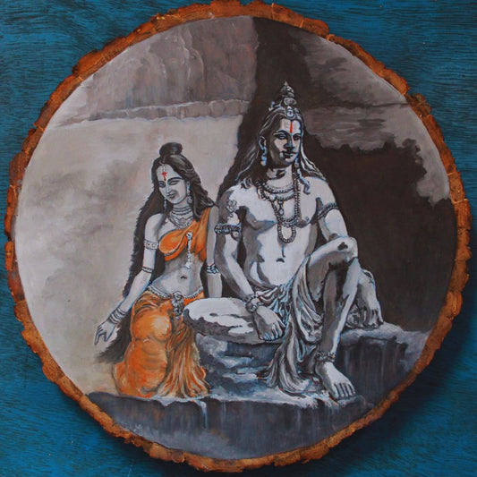 lord shiva and parvati devi sitting on kailasa parvatam made with oil painting on wooden wall plate