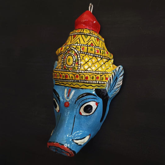 lord varaha or vishnu moorty avatar crowned cheriyal mask in blue color 