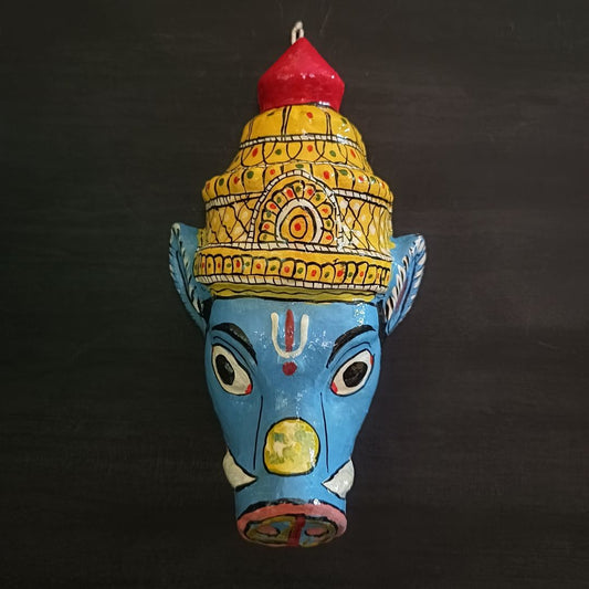 crowned varaha cheriyal mask in blue color with traditional and vintage look
