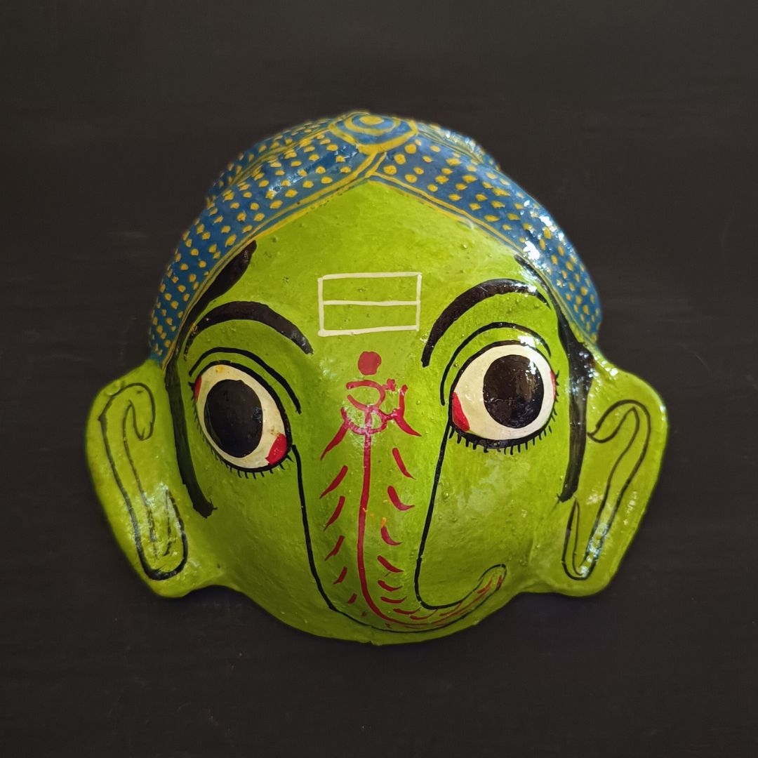 small cheriyal mask artwork of cute ganesh in green color